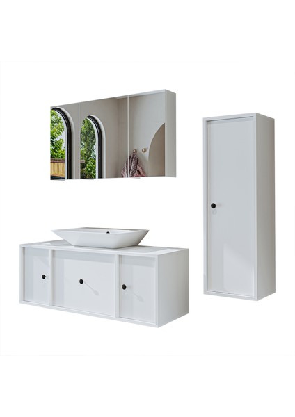 Lavabolu Mat Mdf 120 cm Çekmeceli Banyo Dolabı + Aynalı Üst Dolabı + Boy Dolabı indirimleri
