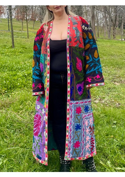 El Yapımı Nakışlı Rengarenk Uzun Bohem Kaftan