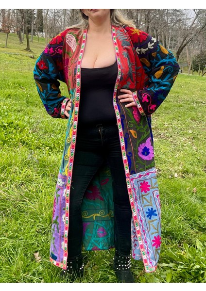 El Yapımı Nakışlı Rengarenk Uzun Bohem Kaftan