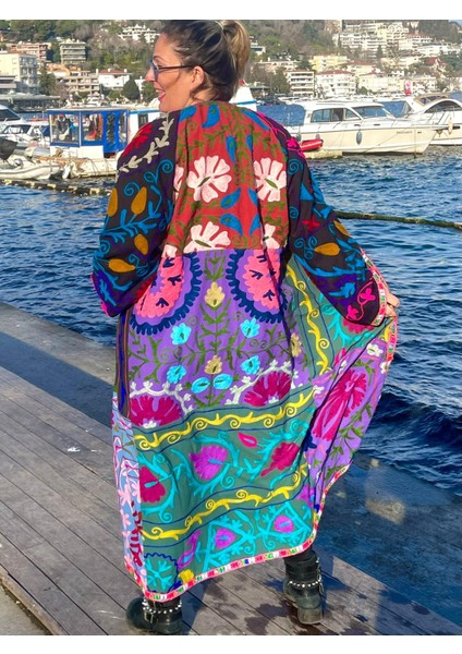 El Yapımı Nakışlı Rengarenk Uzun Bohem Kaftan