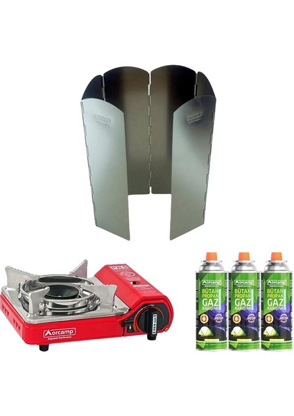 Tekli Mini Portatif Ocak Kırmızı+3 Adet Kartuş KTS-227+ 6 Kanatlı Büyük Rüzgarlık ORC-013-K3
