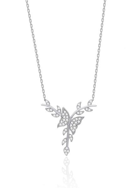 Gümüş Rodyumlu Zirkon Taşlı Daldaki Kelebek Kolye 925 Ayar ST083