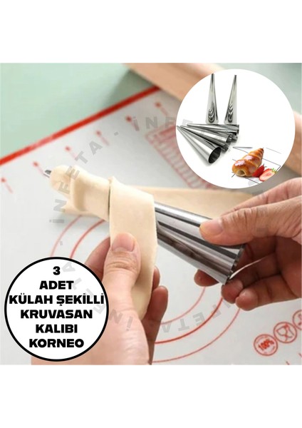 3'lü 12 cm Paslanmaz Çelik Kornet Hamur Şekil Verici Külah Şekilli Korneo Kruvasan Kalıbı 3 Adet