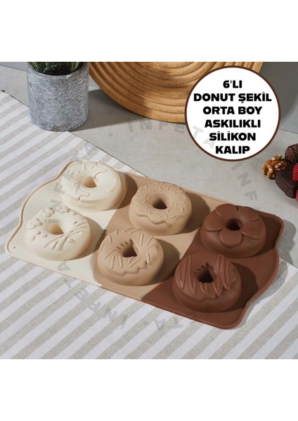 6lı Klasik Donut Kek Şekilli Orta Boy Fırınlanabilir Yanmaz Silikon Kek Kalıbı