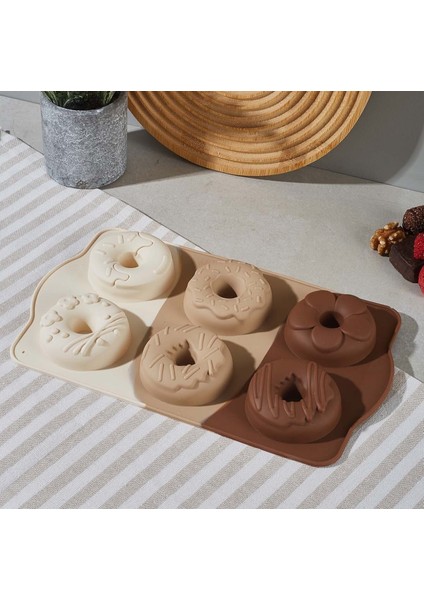 6lı Klasik Donut Kek Şekilli Orta Boy Fırınlanabilir Yanmaz Silikon Kek Kalıbı