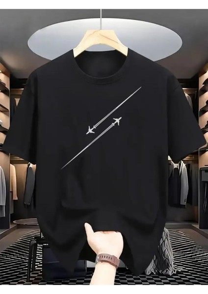 Erkek Uçak Grafiklı T-Shirt Yeni Sezon Oversize Salaş