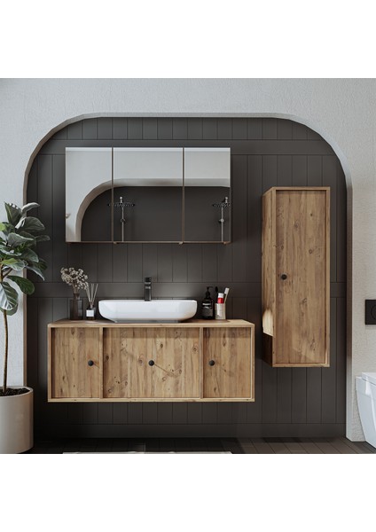 Oval Lavabolu Mat Mdf 120 cm Çekmeceli Banyo Dolabı + Aynalı Üst Dolabı + Boy Dolabı