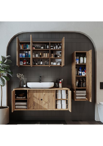 Oval Lavabolu Mat Mdf 120 cm Çekmeceli Banyo Dolabı + Aynalı Üst Dolabı + Boy Dolabı modelleri