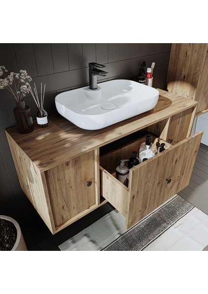 Oval Lavabolu Mat Mdf 120 cm Çekmeceli Banyo Dolabı + Aynalı Üst Dolabı + Boy Dolabı fırsatları
