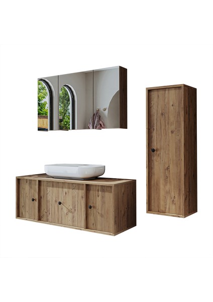 Oval Lavabolu Mat Mdf 120 cm Çekmeceli Banyo Dolabı + Aynalı Üst Dolabı + Boy Dolabı indirimleri