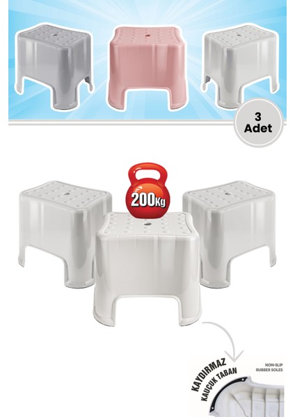 3 Adet Herkül Banyo Taburesi, Kaydırmaz Kauçuk Tabanlı 200 kg Taşıma Kapasiteli Lüks Tabure Beyaz