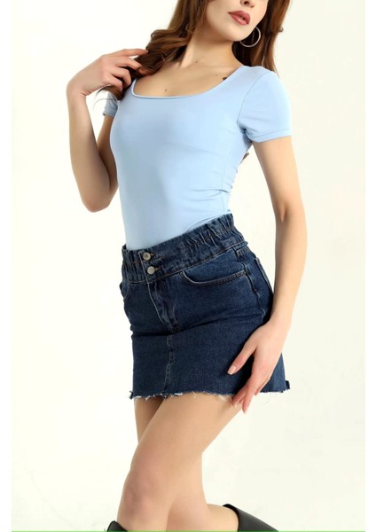 Kare Yaka Kısa Kollu Önü Yarım Çift Kat Bodysuit