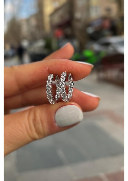 Gümüş 3 mm Içi Dışı Taşlı 1çift Halka Küpe modelleri