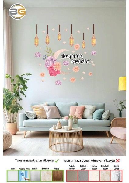 Çiçek Temalı Fenerli Hoşgeldin Ramazan Dekoratif Cam Duvar Sticker Seti