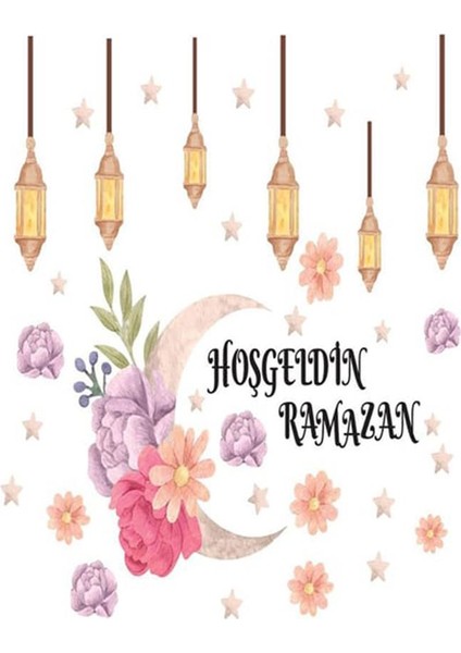 Çiçek Temalı Fenerli Hoşgeldin Ramazan Dekoratif Cam Duvar Sticker Seti