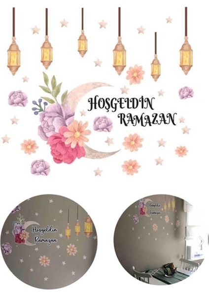 Çiçek Temalı Fenerli Hoşgeldin Ramazan Dekoratif Cam Duvar Sticker Seti