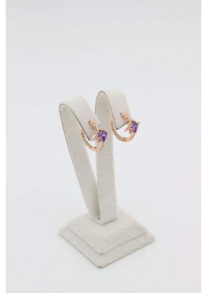 Xupıng Jewelry 14 Ayar Altın Kaplama, Mor Kare Zirkon Taşlı Rose Gold Küpe