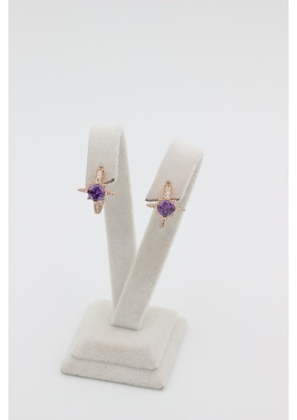Xupıng Jewelry 14 Ayar Altın Kaplama, Mor Kare Zirkon Taşlı Rose Gold Küpe