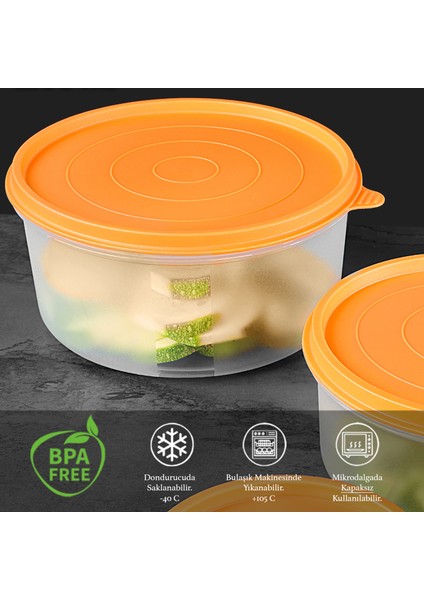 4'lü Yuvarlak Gıda Saklama Kabı Seti - Organizer Düzenleyici Erzak Kabı 4X1200ML Turuncu