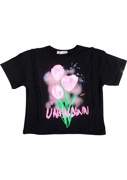 Kız Çocuk Çiçek Baskılı Fırfır Kenarlı Tshirt