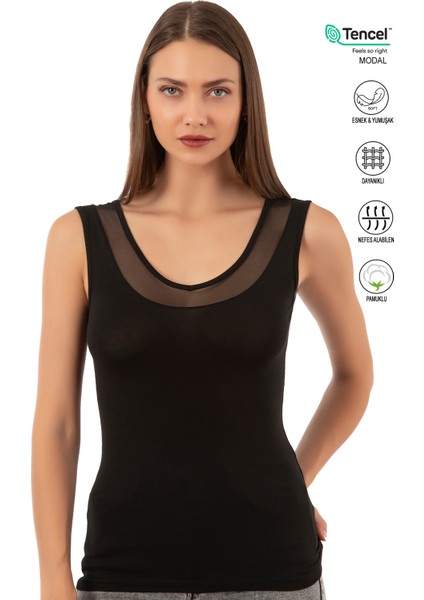 22848 Kadın Modal Pamuklu Kalın Askılı V Yaka Tül Detaylı Atlet