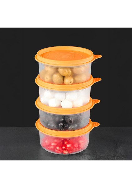 4'lü Yuvarlak Gıda Saklama Kabı Seti - Organizer Düzenleyici Erzak Kabı 4X250ML Turuncu