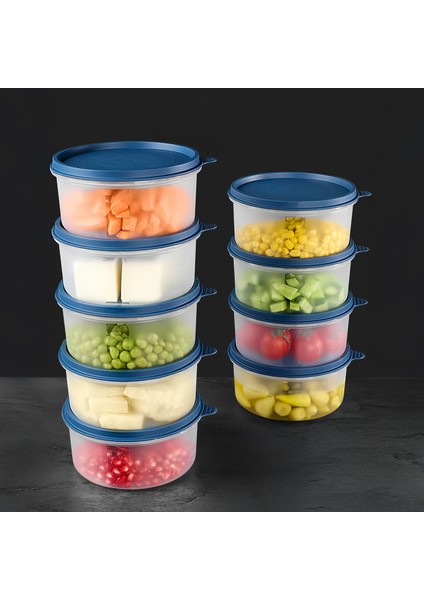 9'lu Yuvarlak Gıda Saklama Kabı Seti - Organizer Düzenleyici Erzak Kabı 9X600ML Lacivert