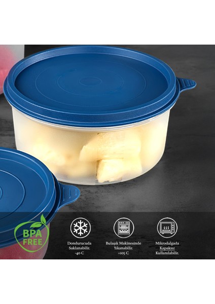 9'lu Yuvarlak Gıda Saklama Kabı Seti - Organizer Düzenleyici Erzak Kabı 9X600ML Lacivert
