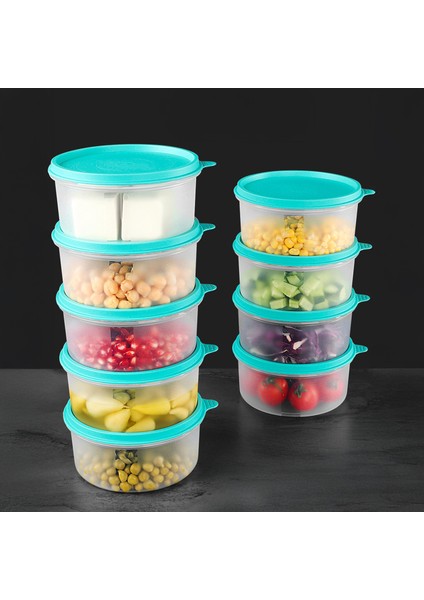 9'lu Yuvarlak Gıda Saklama Kabı Seti - Organizer Düzenleyici Erzak Kabı 9X600ML Yeşil