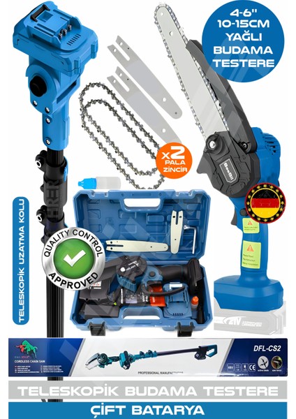 Alman V598/21V 6806M Blue Teleskopik 10-15CM Akülü Budama Şarjlı Zincirli Dal Budama Makinesi