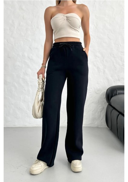 Kadın 3 Iplik Içi Şardonlu Kalın Kışlık Bol Paça Palazzo Eşofman Altı