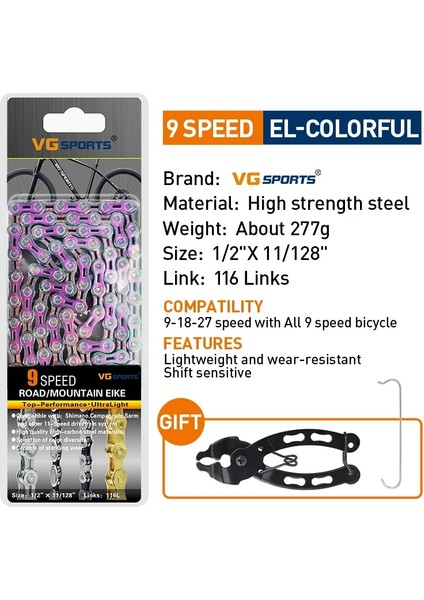 9 Vitesli El Gökkuşağı Stili Vg Spor Bisiklet Chaeed Velocidade Titanyum Gökkuşağı Altın Mtb Dağ Yol Bisikleti Zincirleri Parçaları (Yurt Dışından)