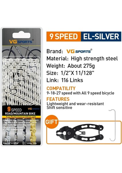 9 Vitesli Yarım Gümüş Stili Vg Sports Hız Bisiklet Zinciri Velocidade Titanyum Gökkuşağı Altın Gümüş Dağ Yol Bisikleti Mtb Zincirleri Bölüm 116 Bağlantılar (Yurt Dışından)