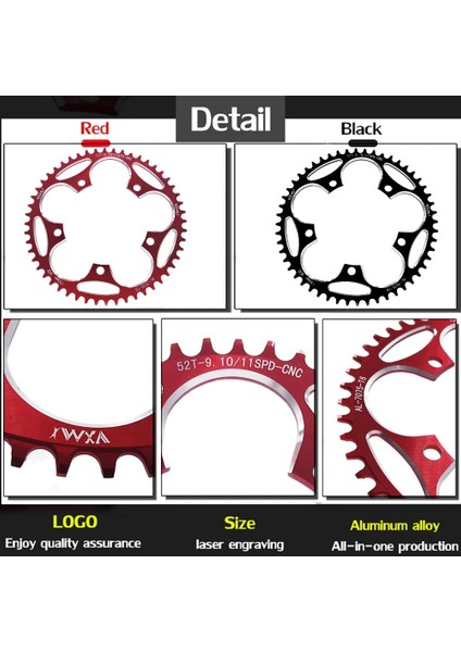 Yunjin Shop 110BCD 52T Kırmızı Stil Vxm Yol Bisikleti Dar Geniş Aynakol 110BCD 130BCD Krank Alüminyum Alaşımlı Ultra Hafif Aynakol (Yurt Dışından) indirimleri