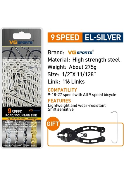 Yunjin Shop 9 Vitesli El Gümüş Stili Vg Spor Bisiklet Chaeed Velocidade Titanyum Gökkuşağı Altın Mtb Dağ Yol Bisikleti Zincirleri Parçaları (Yurt Dışından)
