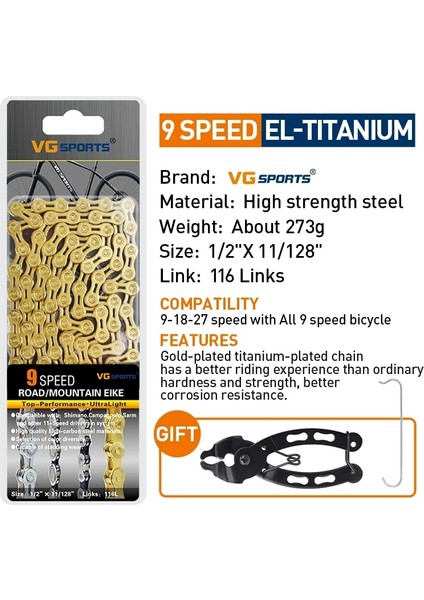 Yunjin Shop 9 Vitesli El Titanyum Tarzı Vg Spor Bisiklet Chaeed Velocidade Titanyum Gökkuşağı Altın Mtb Dağ Yol Bisikleti Zincirleri Parçaları (Yurt Dışından)