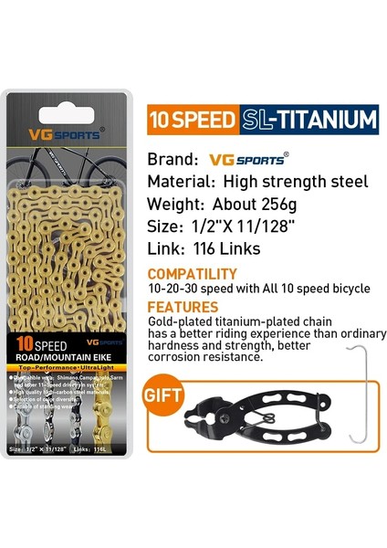 10S Sl Titanyum Stili Vg Spor Bisiklet Chaeed Velocidade Titanyum Gökkuşağı Altın Mtb Dağ Yol Bisikleti Zincirleri Parçaları (Yurt Dışından)