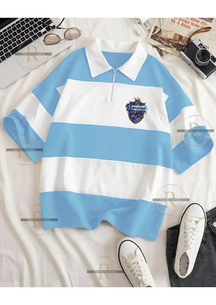 Erkek ve Kadın Yarım Fermuarlı Polo Yaka Oversize T-Shirt - Harry Potter Evleri Tasarımlı