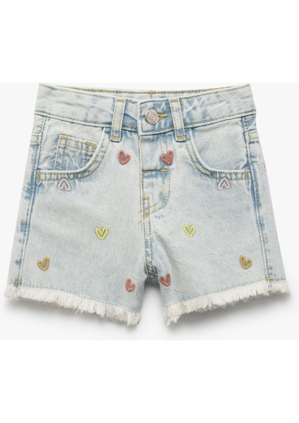 Pamuklu Kalp Nakış Detaylı Cepli Denim Şort