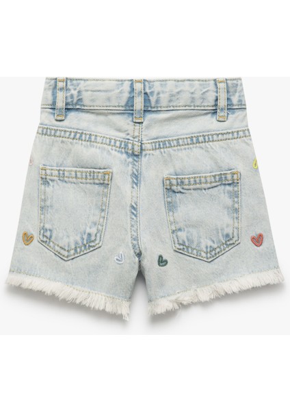 Pamuklu Kalp Nakış Detaylı Cepli Denim Şort