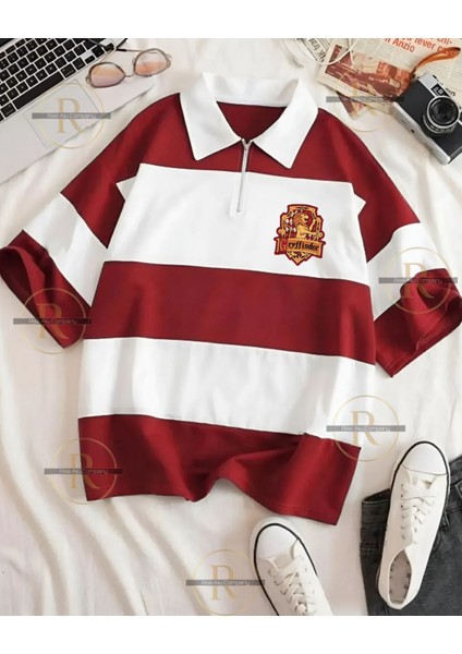 Erkek ve Kadın Yarım Fermuarlı Polo Yaka Oversize T-Shirt - Harry Potter Evleri Tasarımlı