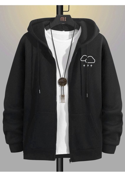 Bulut Şimşek Fermuarlı Hırka Sweatshirt - Siyah Baskılı Oversize Kışlık Kalın Kapüşonlu