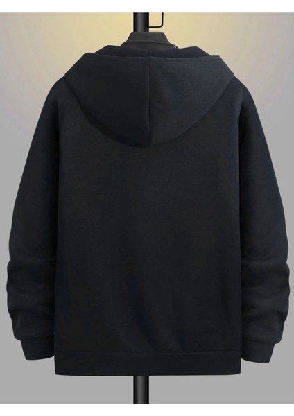 Bulut Şimşek Fermuarlı Hırka Sweatshirt - Siyah Baskılı Oversize Kışlık Kalın Kapüşonlu