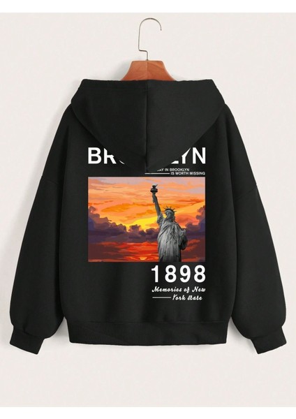 Fermuarlı Hırka Sweatshirt - Siyah Baskılı Oversize Kışlık Kalın Kapüşonlu