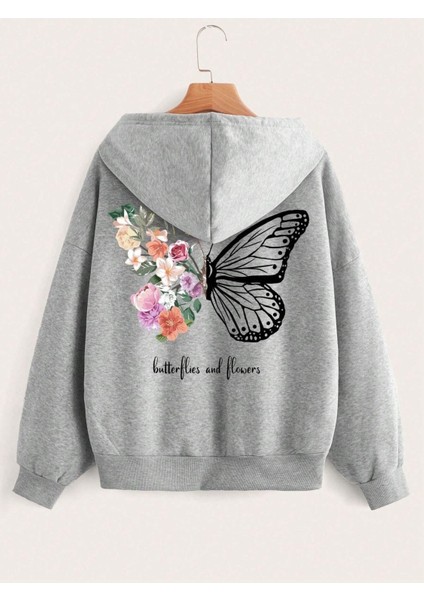 Çiçek Kelebek Fermuarlı Hırka Sweatshirt - Gri Baskılı Oversize Kışlık Kalın Kapüşonlu