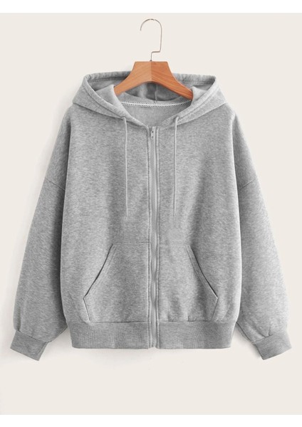 Çiçek Kelebek Fermuarlı Hırka Sweatshirt - Gri Baskılı Oversize Kışlık Kalın Kapüşonlu fiyatları