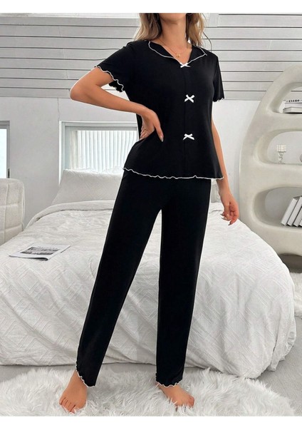 Pamuklu Siyah Fiyonk Detaylı Mevsimlik Pijama Takımı modelleri