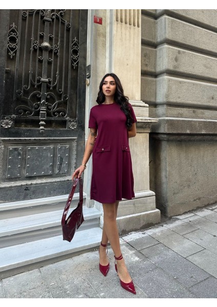 Kadın Kısa Kollu Süs Düğmeli Cepli Bisiklet Yaka Modal Elbise