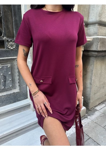 Kadın Kısa Kollu Süs Düğmeli Cepli Bisiklet Yaka Modal Elbise fiyatları