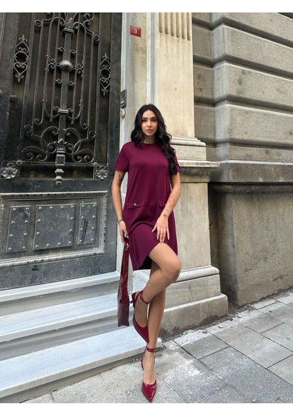 Kadın Kısa Kollu Süs Düğmeli Cepli Bisiklet Yaka Modal Elbise modelleri